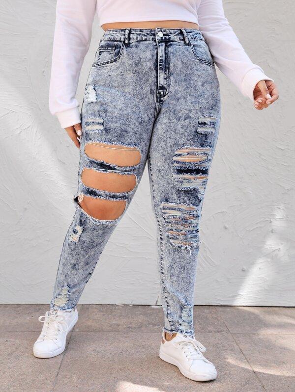 Plus High-Rise Ripped Jeans - INS | Online Fashion Free Shipping Clothing, Dresses, Tops, Shoes