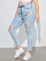 Plus High-Rise Ripped Jeans - INS | Online Fashion Free Shipping Clothing, Dresses, Tops, Shoes