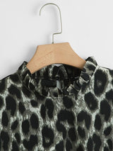 Plus Leopard Print Frill Neck Blouse - INS | Online Fashion Free Shipping Clothing, Dresses, Tops, Shoes