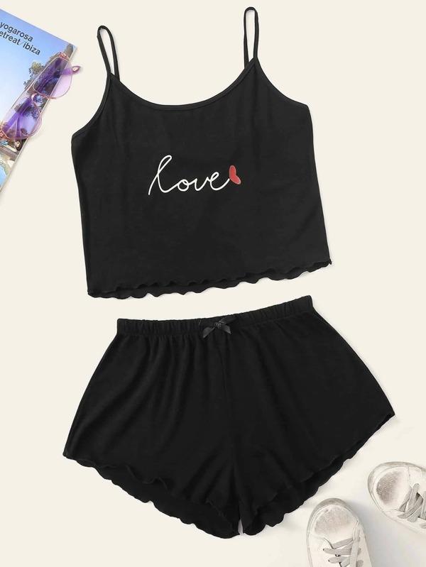 Plus Letter Graphic Lettuce Trim PJ Set - INS | Online Fashion Free Shipping Clothing, Dresses, Tops, Shoes