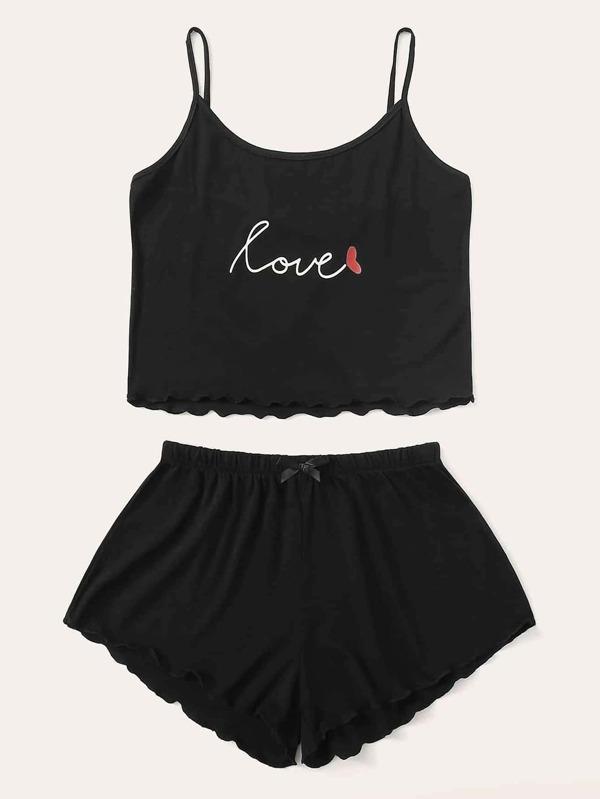 Plus Letter Graphic Lettuce Trim PJ Set - INS | Online Fashion Free Shipping Clothing, Dresses, Tops, Shoes