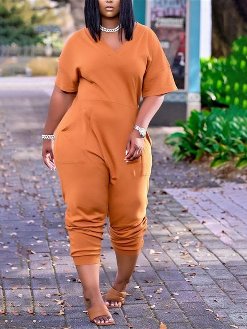 Plus Size Drop Shoulder Pocket V-neck Casual Jumpsuit - Jumpsuits & Rompers - INS | Online Fashion Free Shipping Clothing, Dresses, Tops, Shoes - 23/04/2021 - Color_Blue - Color_Orange