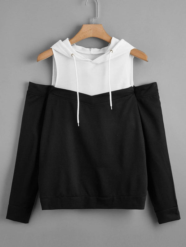 Plus Two Tone Cold Shoulder Hoodie - INS | Online Fashion Free Shipping Clothing, Dresses, Tops, Shoes