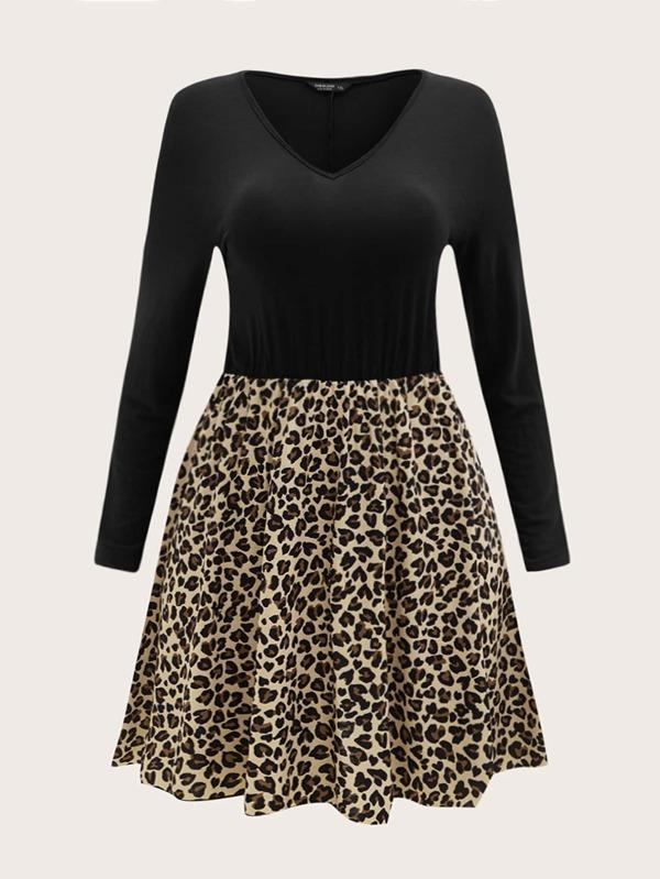 Plus V-neck Leopard Panel Dress - INS | Online Fashion Free Shipping Clothing, Dresses, Tops, Shoes