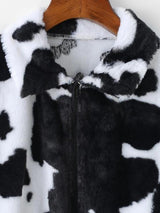 Plush Cow Print Drop Shoulder Zipper Coat - INS | Online Fashion Free Shipping Clothing, Dresses, Tops, Shoes