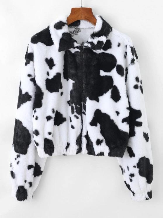 Plush Cow Print Drop Shoulder Zipper Coat - INS | Online Fashion Free Shipping Clothing, Dresses, Tops, Shoes