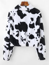 Plush Cow Print Drop Shoulder Zipper Coat - INS | Online Fashion Free Shipping Clothing, Dresses, Tops, Shoes