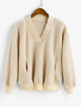 Pocket V Neck Drop Shoulder Fluffy Teddy Sweatshirt - INS | Online Fashion Free Shipping Clothing, Dresses, Tops, Shoes