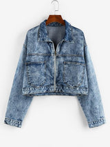 Pockets Zipper Drop Shoulder Denim Jacket - INS | Online Fashion Free Shipping Clothing, Dresses, Tops, Shoes