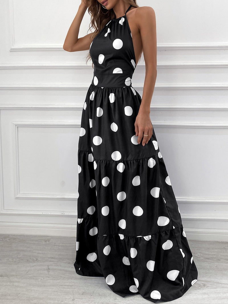 Polka Dot Print Halter Backless Ruched Maxi Dress - Maxi Dresses - INS | Online Fashion Free Shipping Clothing, Dresses, Tops, Shoes - 28/04/2021 - Category_Maxi Dresses - Color_Black