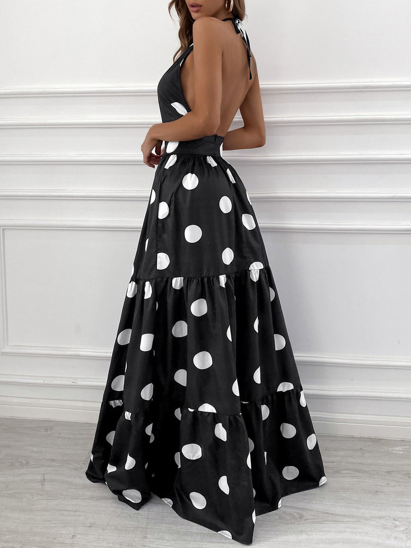 Polka Dot Print Halter Backless Ruched Maxi Dress - Maxi Dresses - INS | Online Fashion Free Shipping Clothing, Dresses, Tops, Shoes - 28/04/2021 - Category_Maxi Dresses - Color_Black