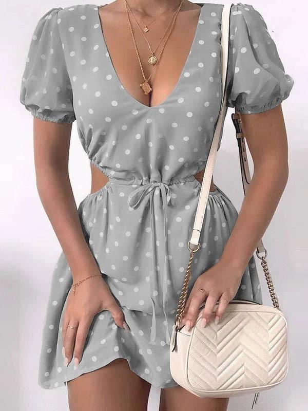 Polka Dot Print Hollow Waist Dress - Mini Dresses - INS | Online Fashion Free Shipping Clothing, Dresses, Tops, Shoes - 09/06/2021 - Color_Black - Color_Blue