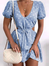 Polka Dot Print Hollow Waist Dress - Mini Dresses - INS | Online Fashion Free Shipping Clothing, Dresses, Tops, Shoes - 09/06/2021 - Color_Black - Color_Blue