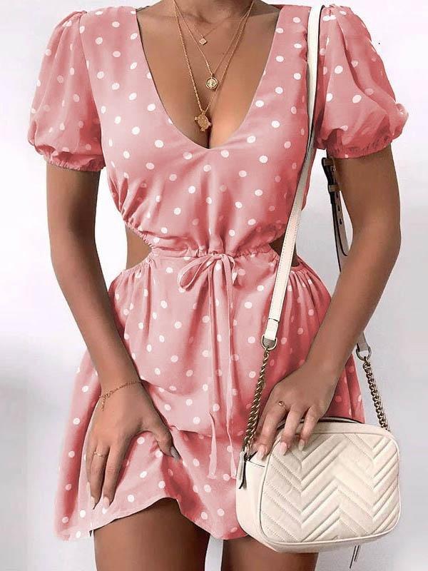 Polka Dot Print Hollow Waist Dress - Mini Dresses - INS | Online Fashion Free Shipping Clothing, Dresses, Tops, Shoes - 09/06/2021 - Color_Black - Color_Blue