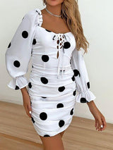 Polka Dot Print Lace Up Ruched Dress - Dresses - INS | Online Fashion Free Shipping Clothing, Dresses, Tops, Shoes - 02/02/2021 - Bodycon Dresses - Color_White