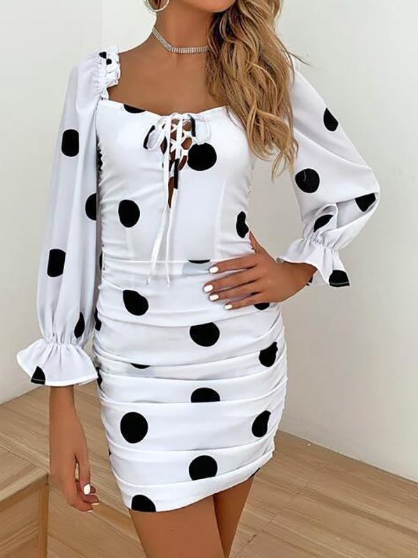 Polka Dot Print Lace Up Ruched Dress - Dresses - INS | Online Fashion Free Shipping Clothing, Dresses, Tops, Shoes - 02/02/2021 - Bodycon Dresses - Color_White