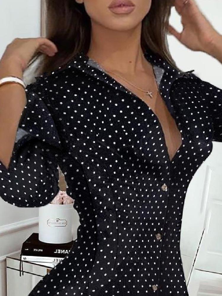 Polka Dot Print Long Sleeve Deep V Shirt Dress - Mini Dresses - INS | Online Fashion Free Shipping Clothing, Dresses, Tops, Shoes - 15/06/2021 - Category_Mini Dresses - Color_Black