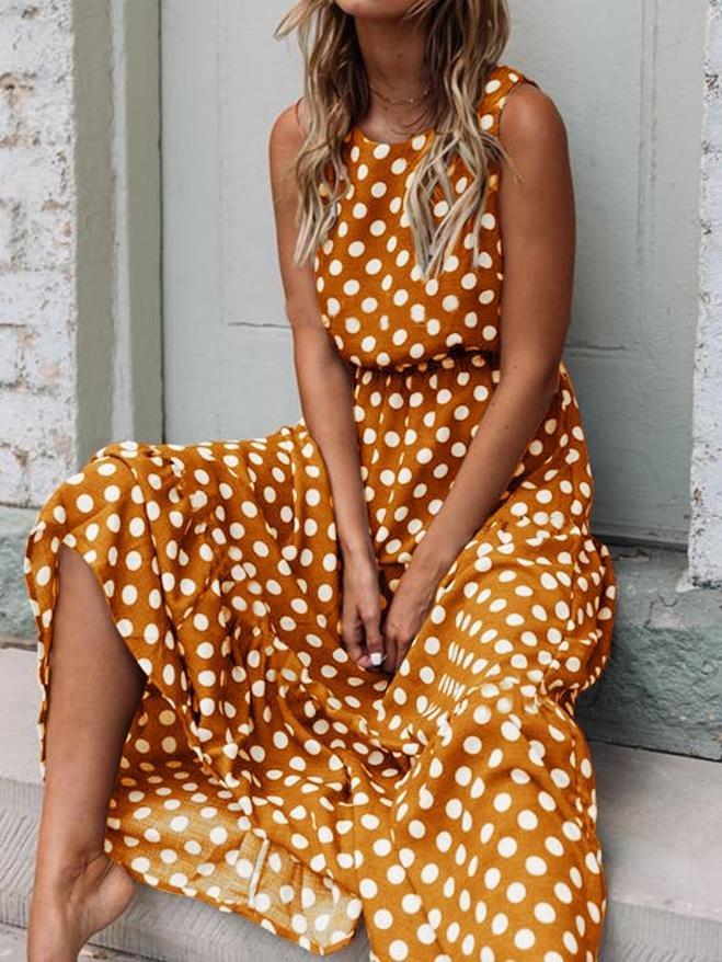 Polka Dot Print Round Neck Casual Dress - Maxi Dresses - INS | Online Fashion Free Shipping Clothing, Dresses, Tops, Shoes - 11/06/2021 - Category_Maxi Dresses - Color_Black
