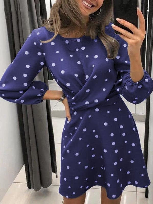 Polka Dot Print Round Neck Long Sleeve Dress - Mini Dresses - INS | Online Fashion Free Shipping Clothing, Dresses, Tops, Shoes - 14/07/2021 - 20-30 - Category_Mini Dresses