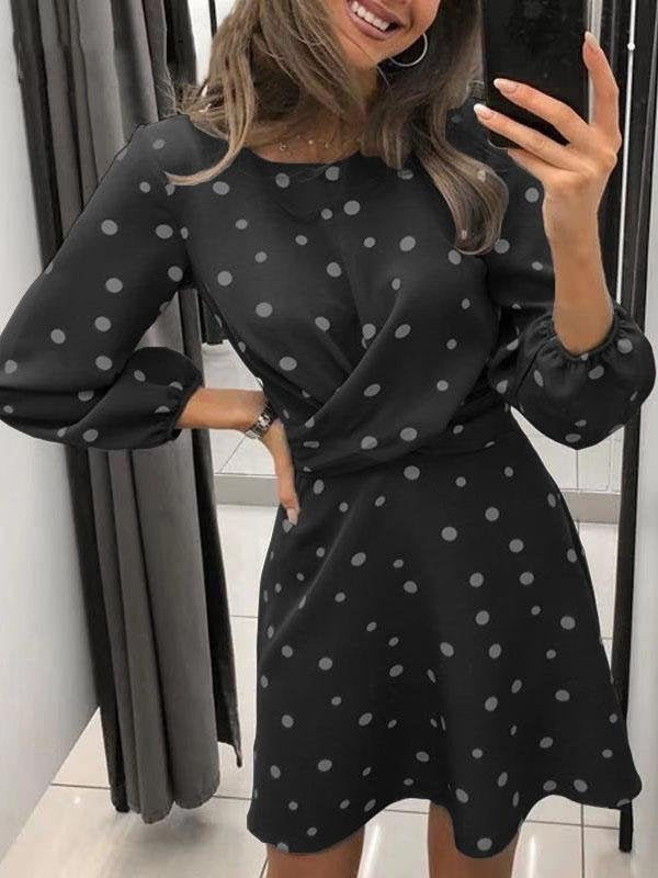 Polka Dot Print Round Neck Long Sleeve Dress - Mini Dresses - INS | Online Fashion Free Shipping Clothing, Dresses, Tops, Shoes - 14/07/2021 - 20-30 - Category_Mini Dresses