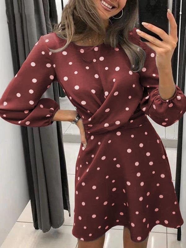 Polka Dot Print Round Neck Long Sleeve Dress - Mini Dresses - INS | Online Fashion Free Shipping Clothing, Dresses, Tops, Shoes - 14/07/2021 - 20-30 - Category_Mini Dresses