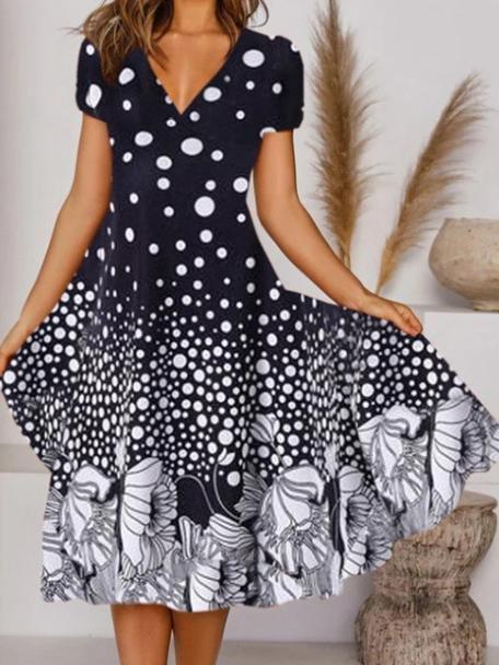 Polka Dot Print Short Sleeve V-Neck Beach Dress - Midi Dresses - INS | Online Fashion Free Shipping Clothing, Dresses, Tops, Shoes - 01/07/2021 - 20-30 - Category_Midi Dresses