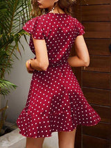 Polka Dot Ruffle Trim Self Tie Wrap Dress - Mini Dresses - INS | Online Fashion Free Shipping Clothing, Dresses, Tops, Shoes - 02/04/2021 - Burgundy - Daily