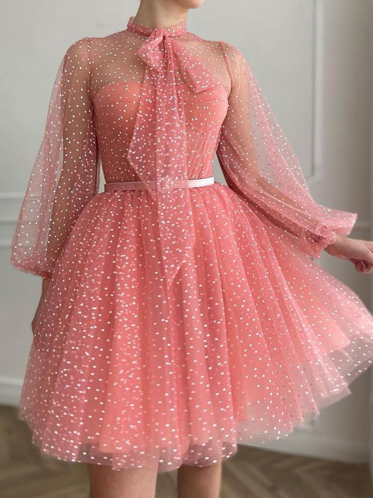 Polkadot Print Tie Neck Lantern Sleeve Mesh Prom Dress - Prom Dresses - INS | Online Fashion Free Shipping Clothing, Dresses, Tops, Shoes - 29/04/2021 - Category_Prom Dresses - Color_Pink