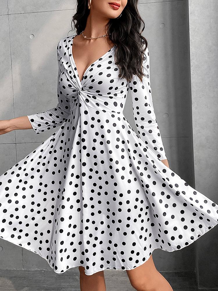 Polkadot Print Twisted Casual Dress - Midi Dresses - INS | Online Fashion Free Shipping Clothing, Dresses, Tops, Shoes - 30/04/2021 - Color_White - DRE210430087