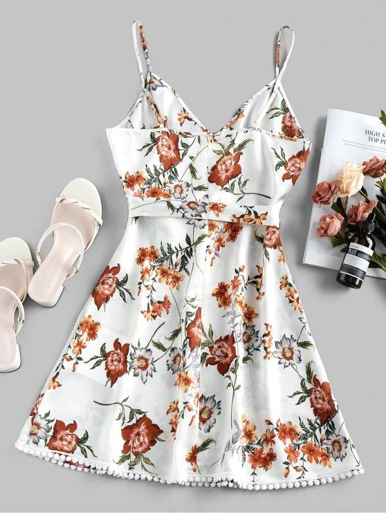 Pompom Floral Print A Line Dress - INS | Online Fashion Free Shipping Clothing, Dresses, Tops, Shoes