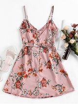 Pompom Floral Print A Line Dress - INS | Online Fashion Free Shipping Clothing, Dresses, Tops, Shoes