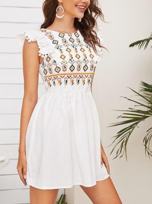 Pompom Ruffle Armhole Tribal Embroidered Dress - Dresses - INS | Online Fashion Free Shipping Clothing, Dresses, Tops, Shoes - 01/28/2021 - Beach - Color_White