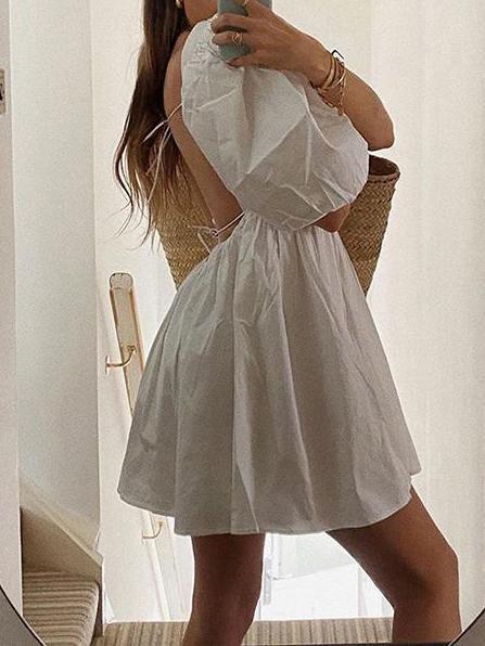 Princess Sleeve One-neck Halter Backless Mini Dress - Mini Dresses - INS | Online Fashion Free Shipping Clothing, Dresses, Tops, Shoes - 04/12/2021 - Amber50 - Colour_White