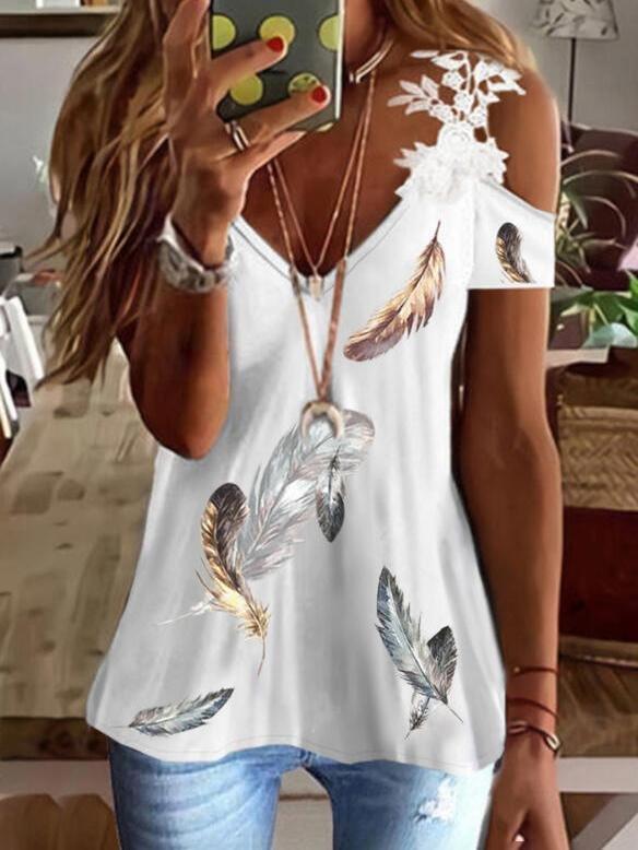 Print Lace Cold Shoulder Short Sleeves Elegant T-shirt - T-shirts - INS | Online Fashion Free Shipping Clothing, Dresses, Tops, Shoes - 08/07/2021 - color-white - Color_White