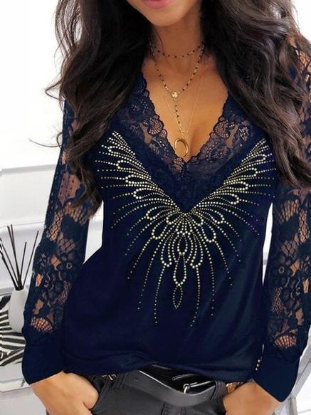 Print Lace Stitching V-neck T-shirt - T-shirts - INS | Online Fashion Free Shipping Clothing, Dresses, Tops, Shoes - 10-20 - 22/06/2021 - color-black