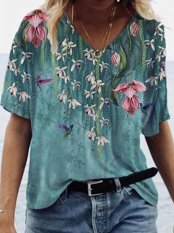 Print Loose V-neck Bat Sleeve T-shirt - T-shirts - INS | Online Fashion Free Shipping Clothing, Dresses, Tops, Shoes - 08/06/2021 - Color_Blue - Color_Purple