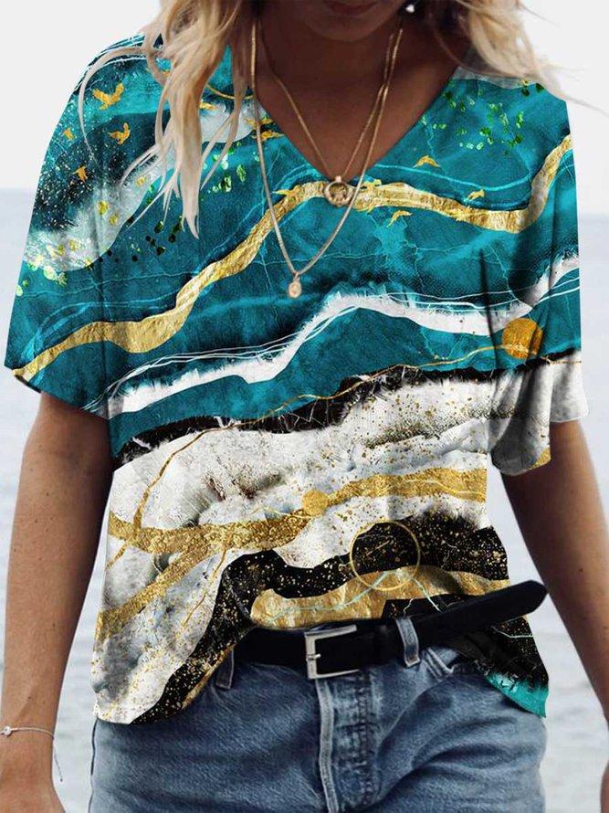 Print V Neck Short Sleeve T-shirt - T-shirts - INS | Online Fashion Free Shipping Clothing, Dresses, Tops, Shoes - 09/06/2021 - Color_Green - Size_2XL