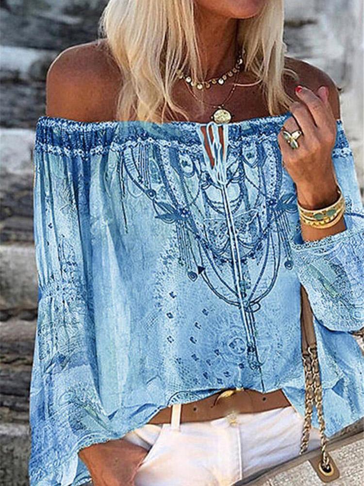Printed Boat Neck Flare Sleeve Chiffon Blouses - Blouses - INS | Online Fashion Free Shipping Clothing, Dresses, Tops, Shoes - 20-30 - 30/07/2021 - BLO2107301289