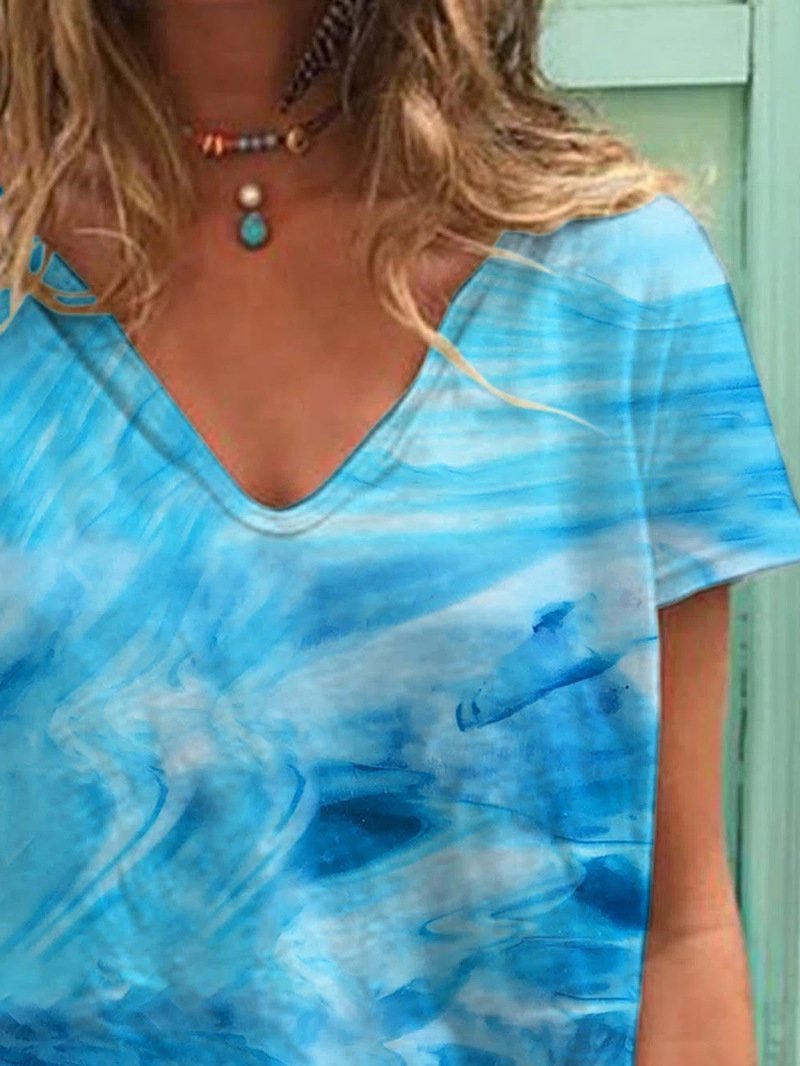 Printed Casual Loose V-neck Short Sleeve T-shirt - T-Shirts - INS | Online Fashion Free Shipping Clothing, Dresses, Tops, Shoes - 03/06/2021 - Category_T-Shirts - Color_Blue