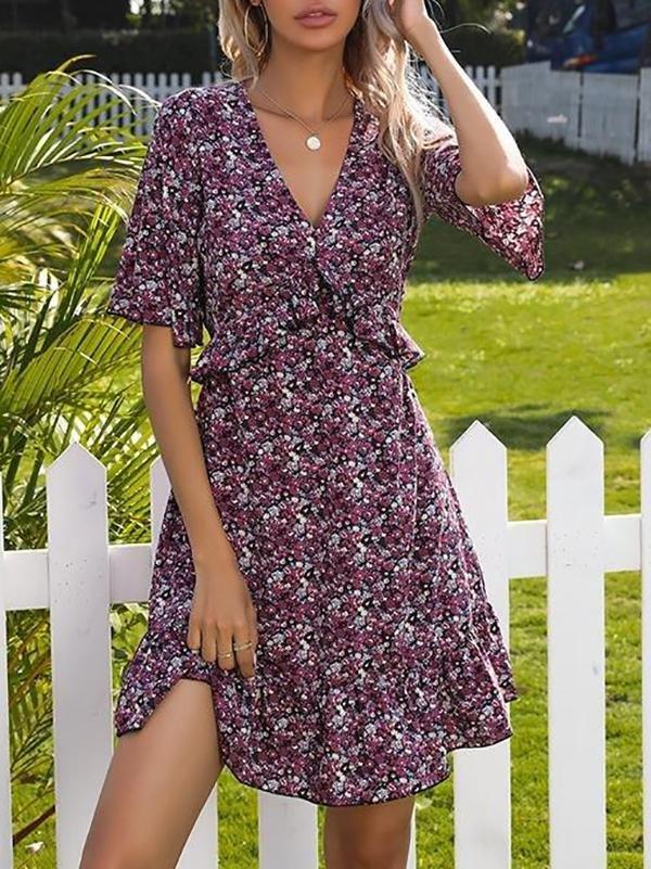 Printed Flared Short-sleeved Hollow Open Back Ruffle Dress - Mini Dresses - INS | Online Fashion Free Shipping Clothing, Dresses, Tops, Shoes - 22/03/2021 - AMZ - Color_Blue