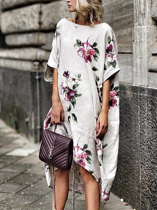 Printed Floral Irregular Hem Loose Dress - Midi Dresses - INS | Online Fashion Free Shipping Clothing, Dresses, Tops, Shoes - 20-30 - 30/07/2021 - Category_Midi Dresses