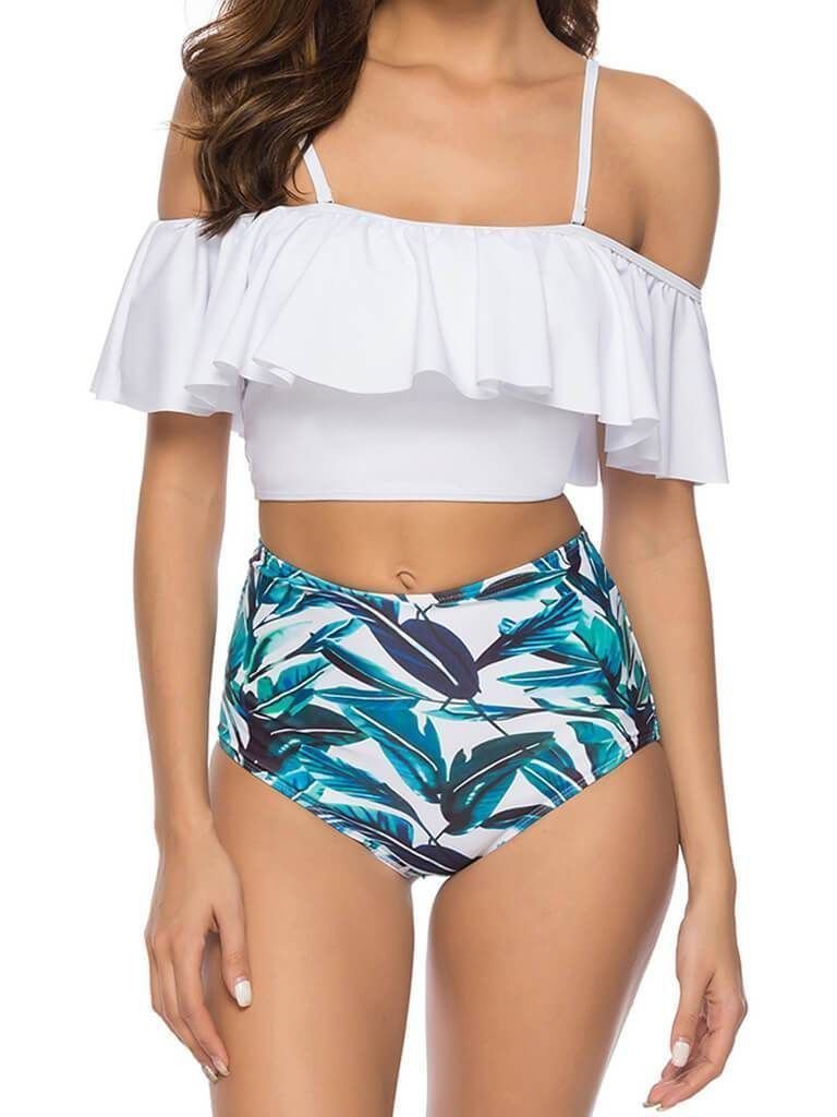 Printed High Waist Ruffle Off Shoulder Bikini Two Piece Swimsuit - Swimsuits - INS | Online Fashion Free Shipping Clothing, Dresses, Tops, Shoes - 14/04/2021 - Colour_White - Pre-sale