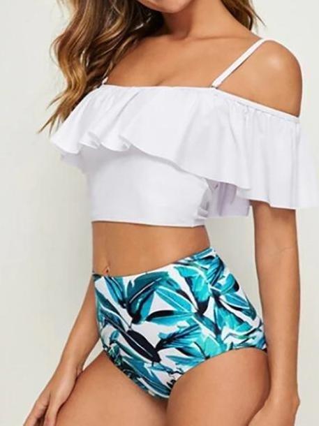 Printed High Waist Ruffle Off Shoulder Bikini Two Piece Swimsuit - Swimsuits - INS | Online Fashion Free Shipping Clothing, Dresses, Tops, Shoes - 14/04/2021 - Colour_White - Pre-sale