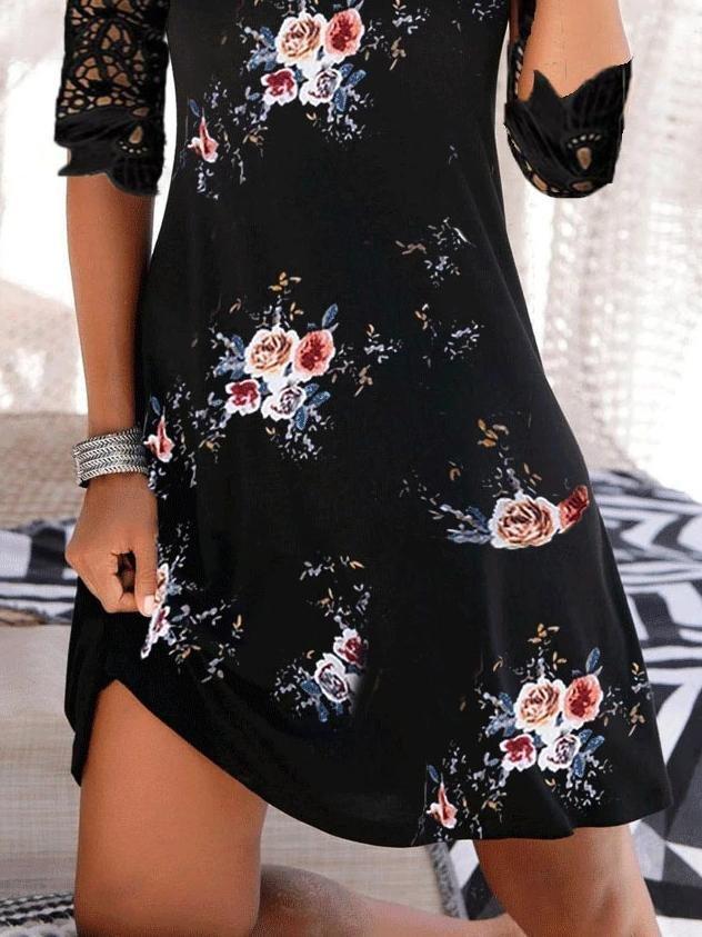 Printed Lace Stitching Short Sleeve Dress - Mini Dresses - INS | Online Fashion Free Shipping Clothing, Dresses, Tops, Shoes - 10/06/2021 - Category_Mini Dresses - Color_Black