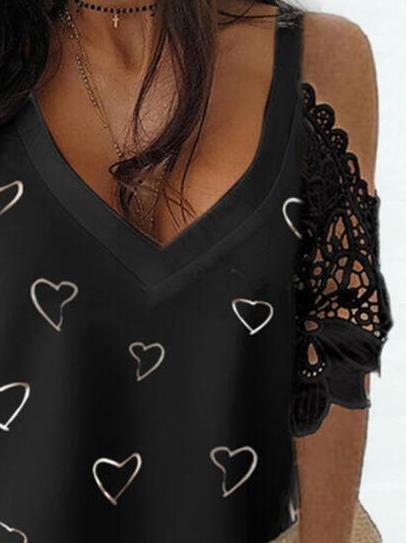 Printed Lace Stitching Short Sleeve Off The Shoulder T-shirt - T-Shirts - INS | Online Fashion Free Shipping Clothing, Dresses, Tops, Shoes - 08/06/2021 - Category_T-Shirts - Color_Black