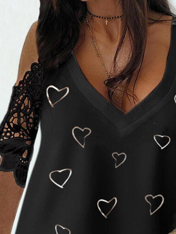 Printed Lace Stitching Short Sleeve Off The Shoulder T-shirt - T-Shirts - INS | Online Fashion Free Shipping Clothing, Dresses, Tops, Shoes - 08/06/2021 - Category_T-Shirts - Color_Black