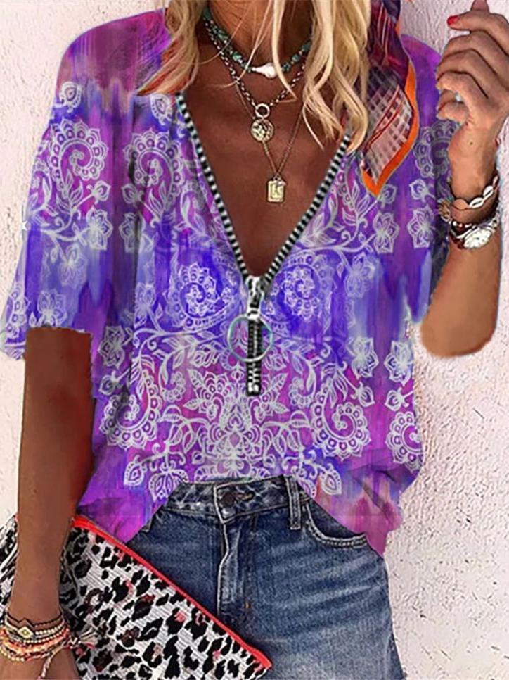 Printed Mid-sleeve Zipper Loose Shirt - Blouses - INS | Online Fashion Free Shipping Clothing, Dresses, Tops, Shoes - 07/07/2021 - 10-20 - BLO2107071170