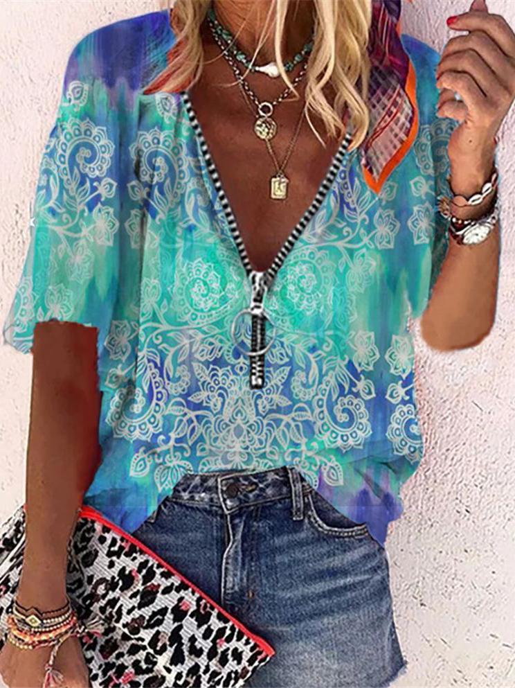 Printed Mid-sleeve Zipper Loose Shirt - Blouses - INS | Online Fashion Free Shipping Clothing, Dresses, Tops, Shoes - 07/07/2021 - 10-20 - BLO2107071170