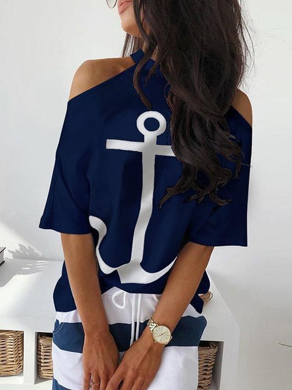 Printed Off-shoulder Casual T-shirt - T-shirts - INS | Online Fashion Free Shipping Clothing, Dresses, Tops, Shoes - 10-20 - 28/06/2021 - color-blue