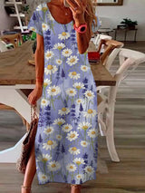 Printed Round Neck Split Short Sleeve Loose Dress - Maxi Dresses - INS | Online Fashion Free Shipping Clothing, Dresses, Tops, Shoes - 20-30 - 21/07/2021 - Category_Maxi Dresses